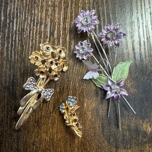 Lot of 3 Flower Bouquet Bow Butterfly Purple Gold Tone Rhinestone Brooch Pin